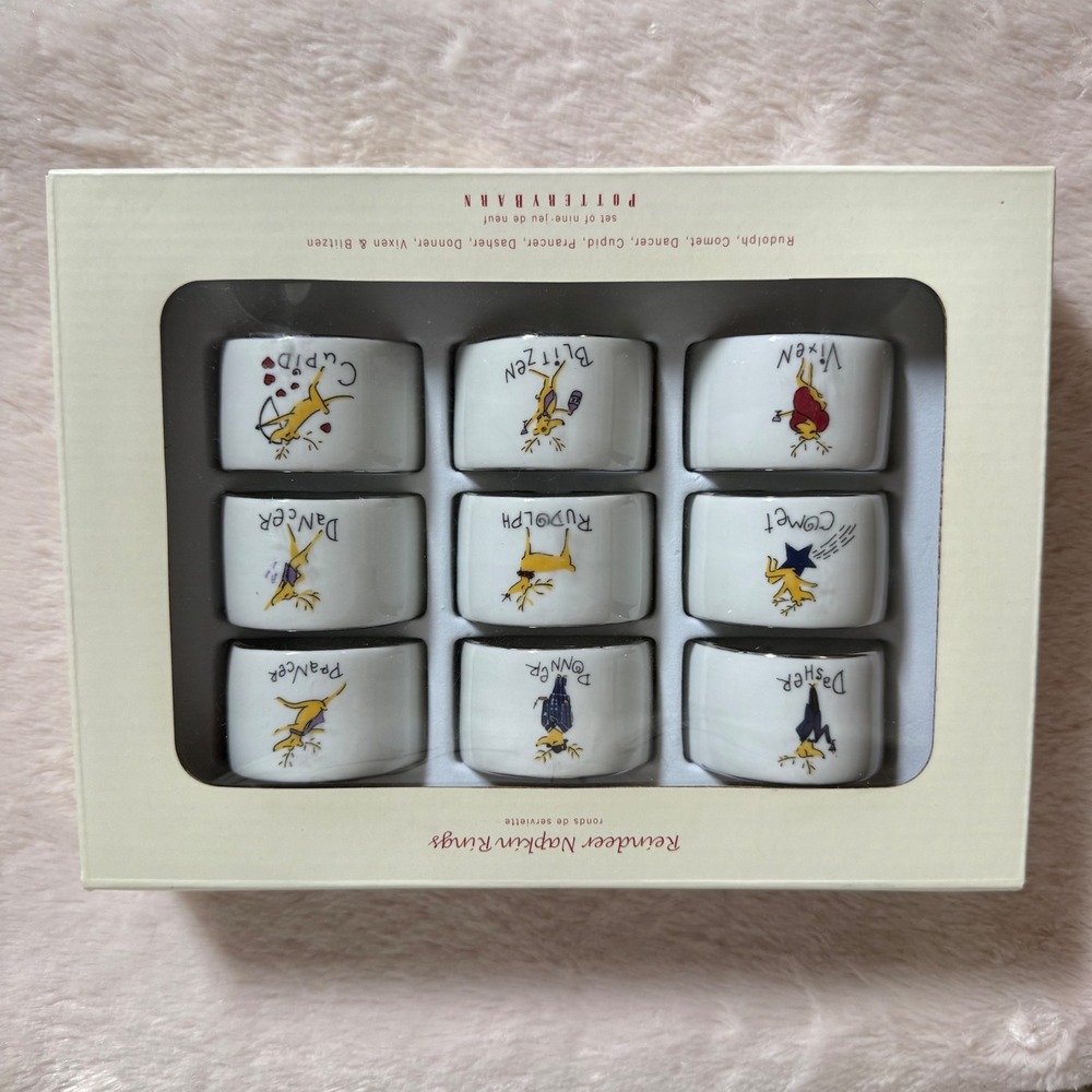 Pottery Barn Reindeer Napkin Rings Set of 9 Christmas Holiday Rudolph Ceramic